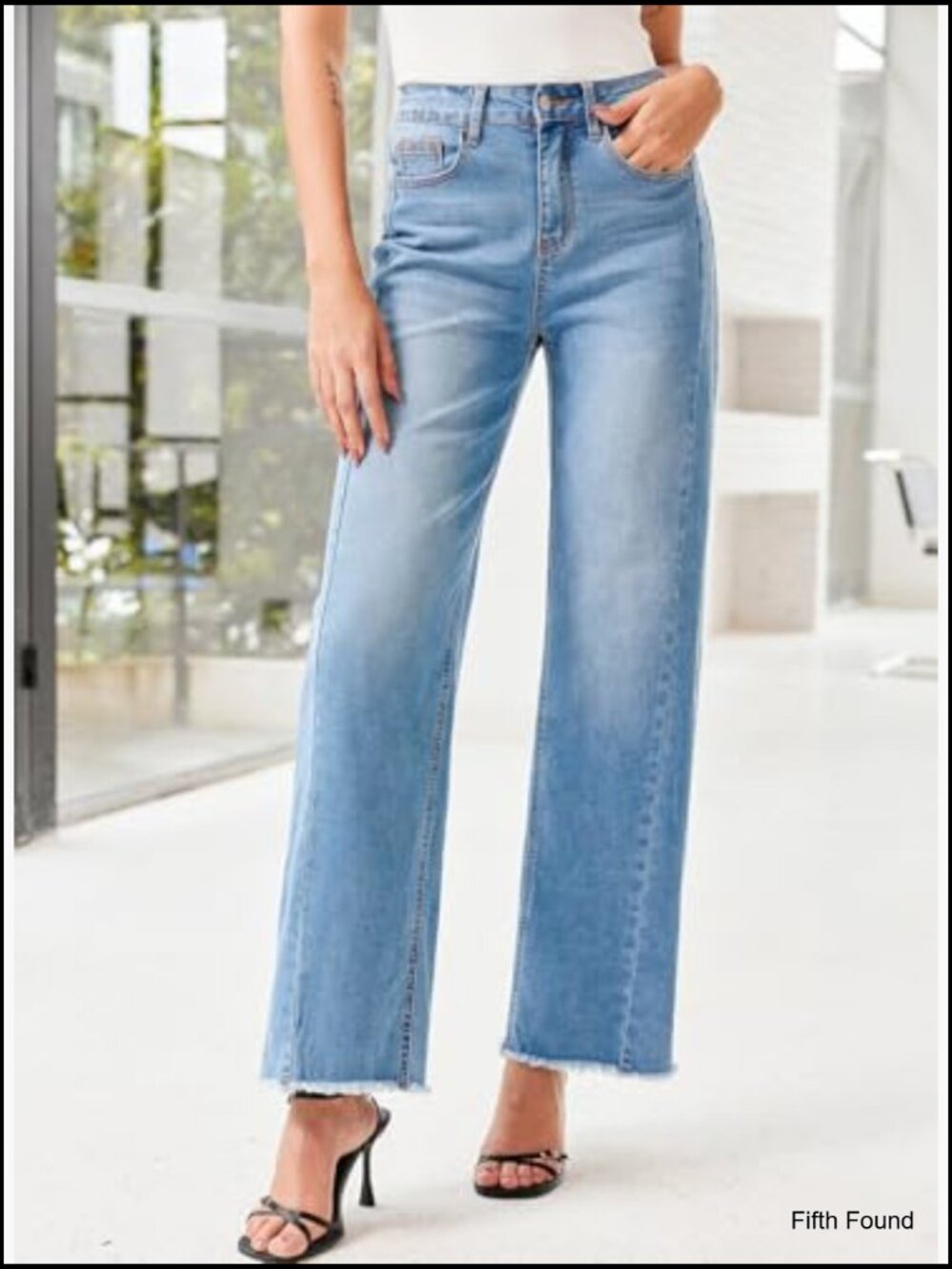 High Waisted Wide Leg Jeans Raw Hem Stretchy Denim Pants - Picture 3 of 6